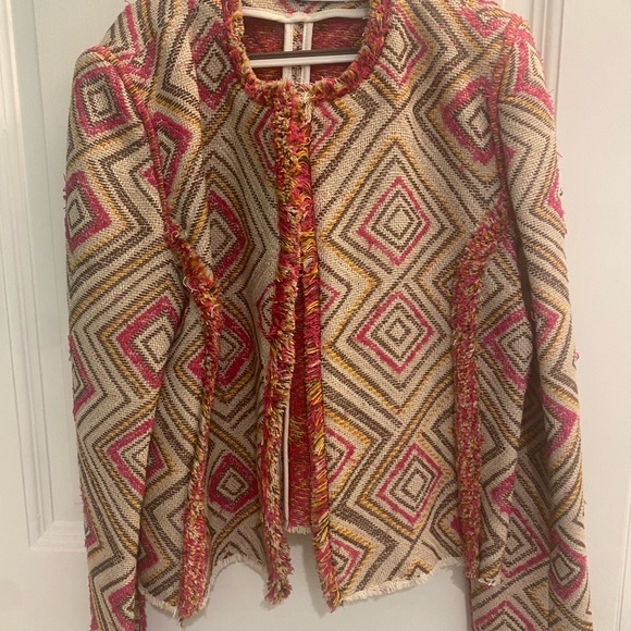IRO Kolie Jacket Women's 42 Jacquard Geo Patterned Fringe Tweed Beige Pink - Picture 5 of 7